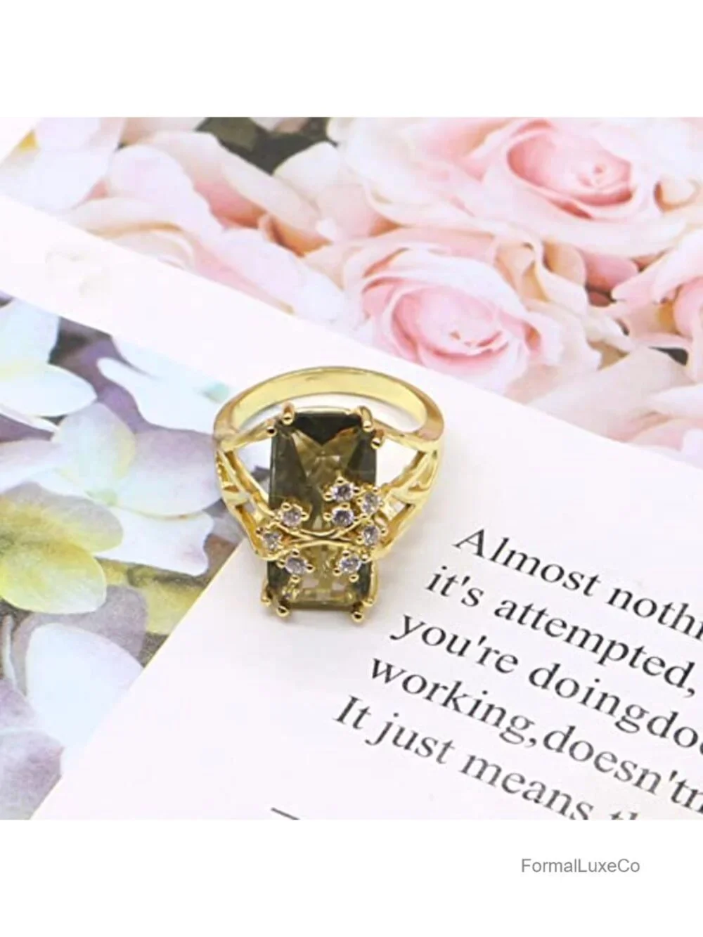 Luxury Champagne Crystal Flower Cocktail Engagement Ring 14k Gold Plated